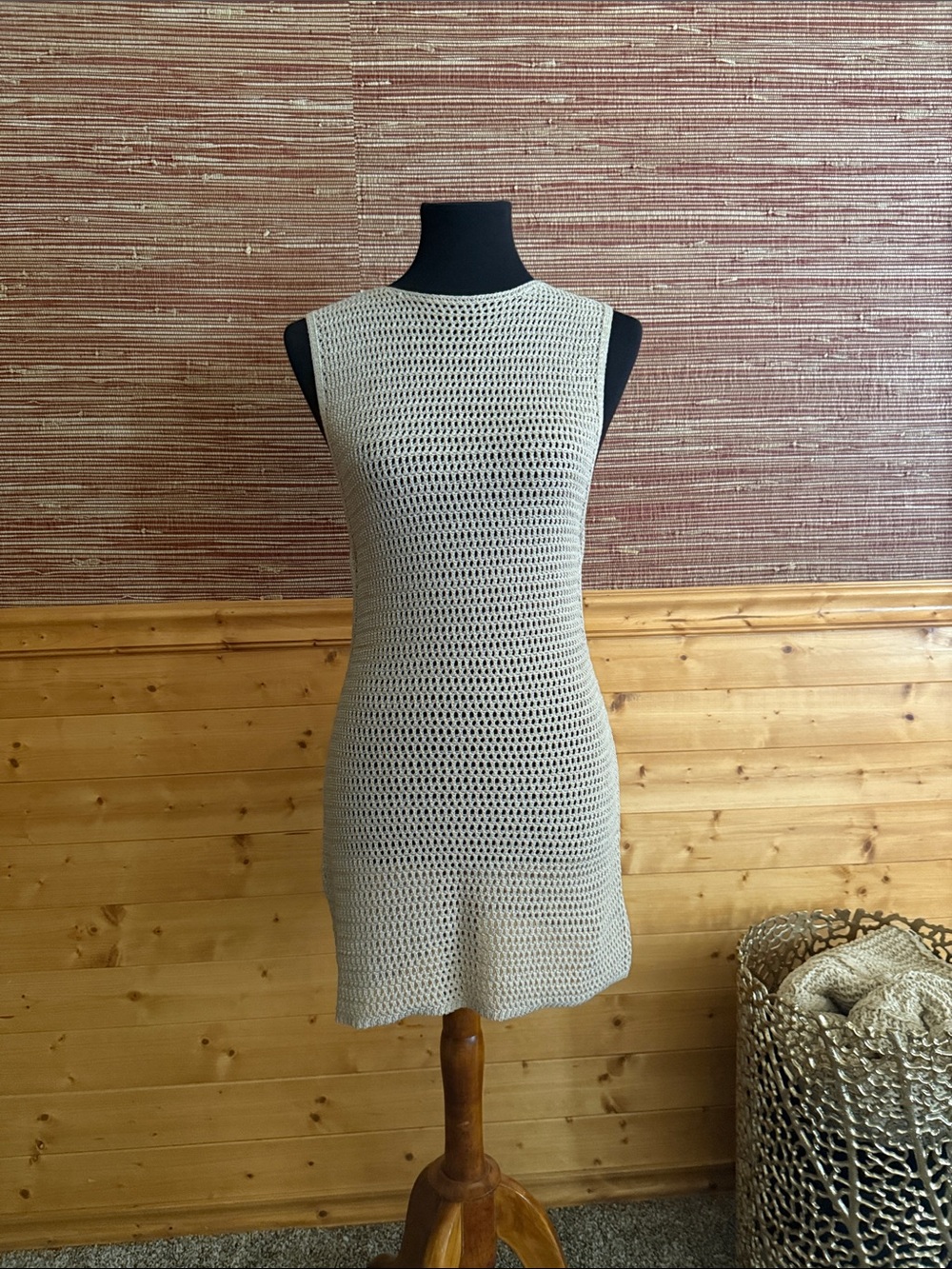 Sleeveless Open-Weave Knit Shift Dress in Beige